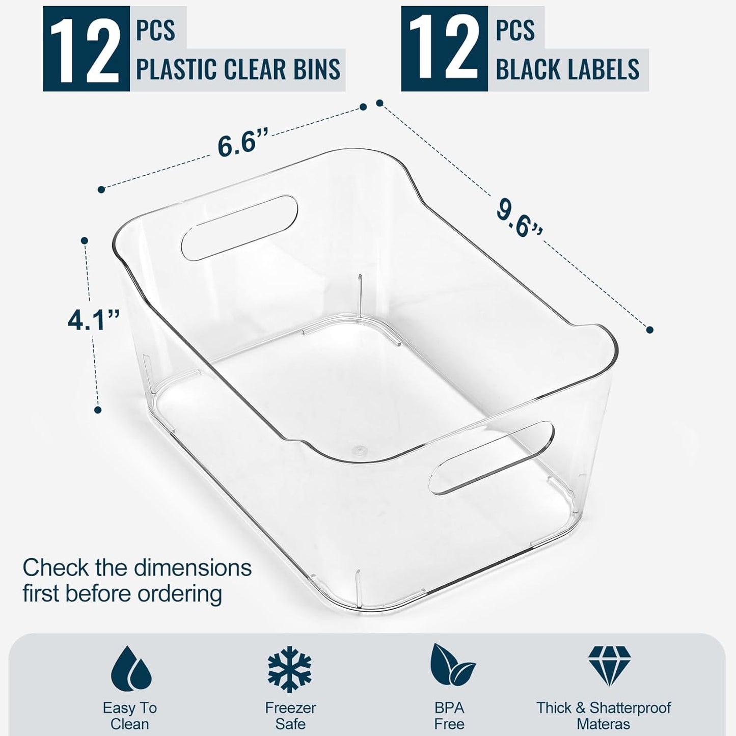 12 PACK Multi-Use Clear Plastic Storage Bins for Organizing w/ Labels - Home, Kitchen, Bathroom, Office, Pantry Cabinet Shelf Organizer Bins - SOHO Collection, RV, Fridge Organization Containers