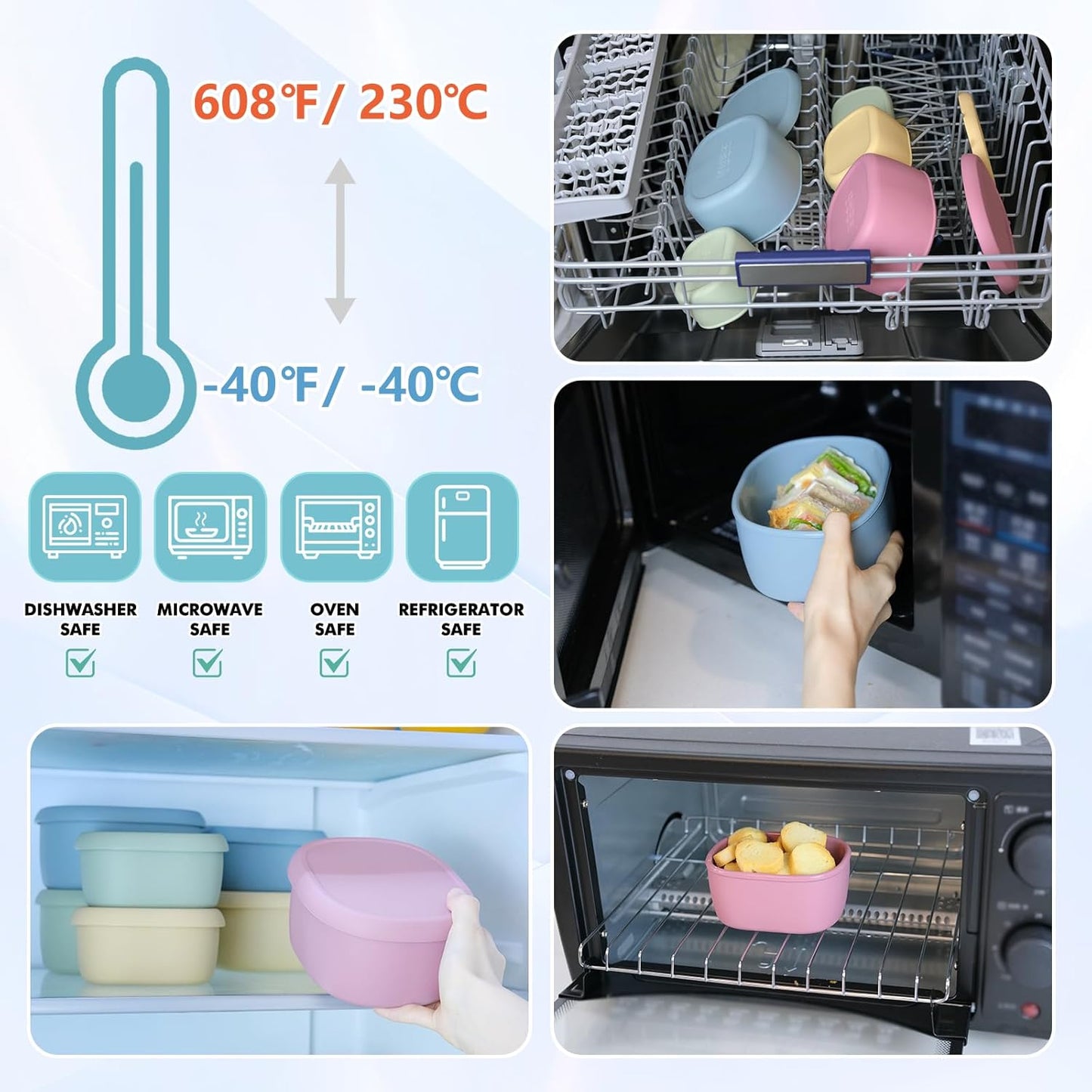 Anatole Silicone Food Storage Lunch Bento Box Set of 3 Reusable Nesting Containers with Lids BPA Free Dishwasher Microwave Oven Freezer Safe Leakproof (6.7oz, 10oz, 20oz)