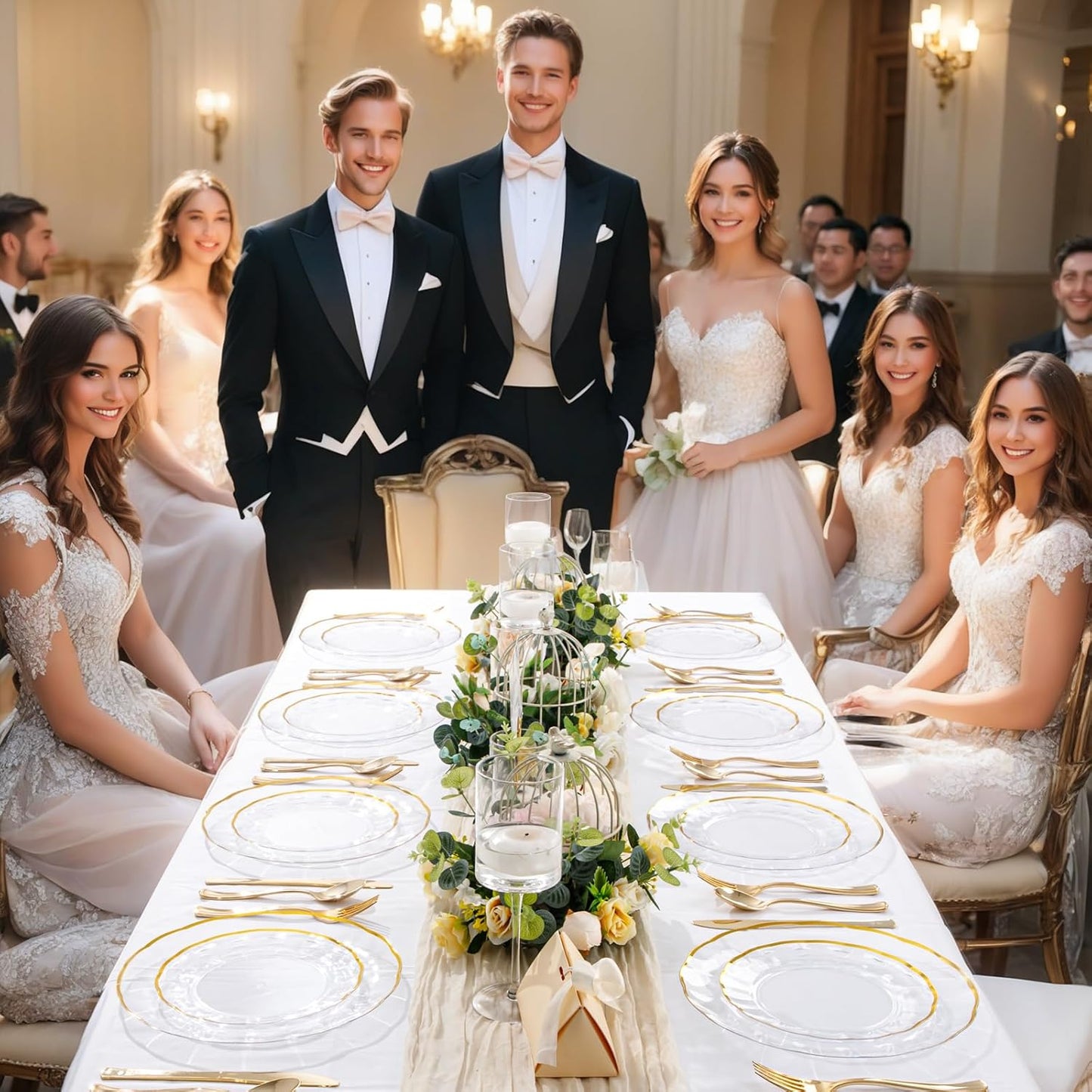 EI 150pcs Clear Plastic Plates with Gold Plastic Silverware,Disposable Plate Heavy Duty,Clear and Gold Dinnerware Set,Elegant Plates for Party,Wedding,Afternoon Tea,Birthday