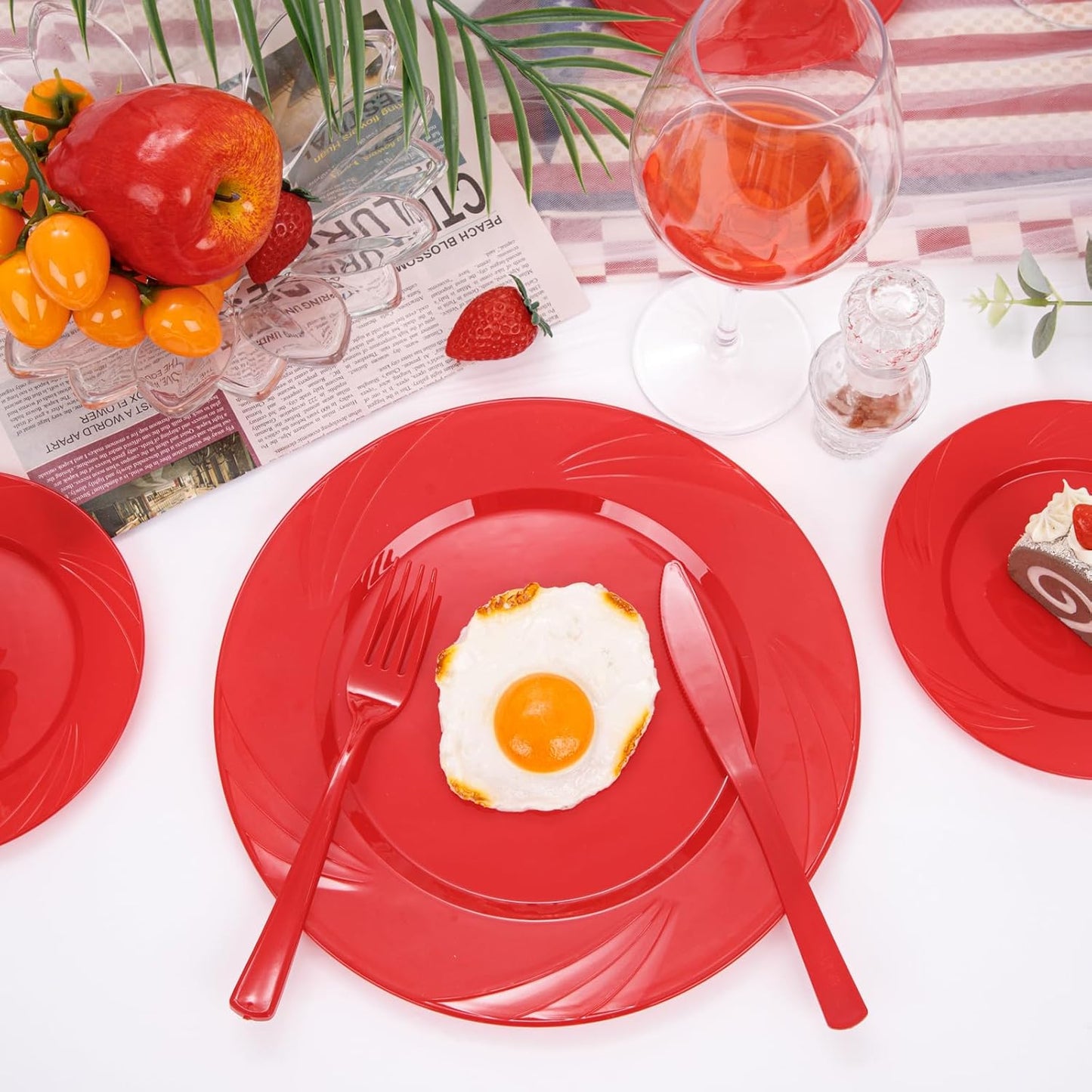 YOUBET 125Pieces Red Plastic Plates - Heavy Duty Disposable Silverware - Include 50 Plates 25 Forks 25 Knives 25 Spoons - Perfect for Christmas & Party