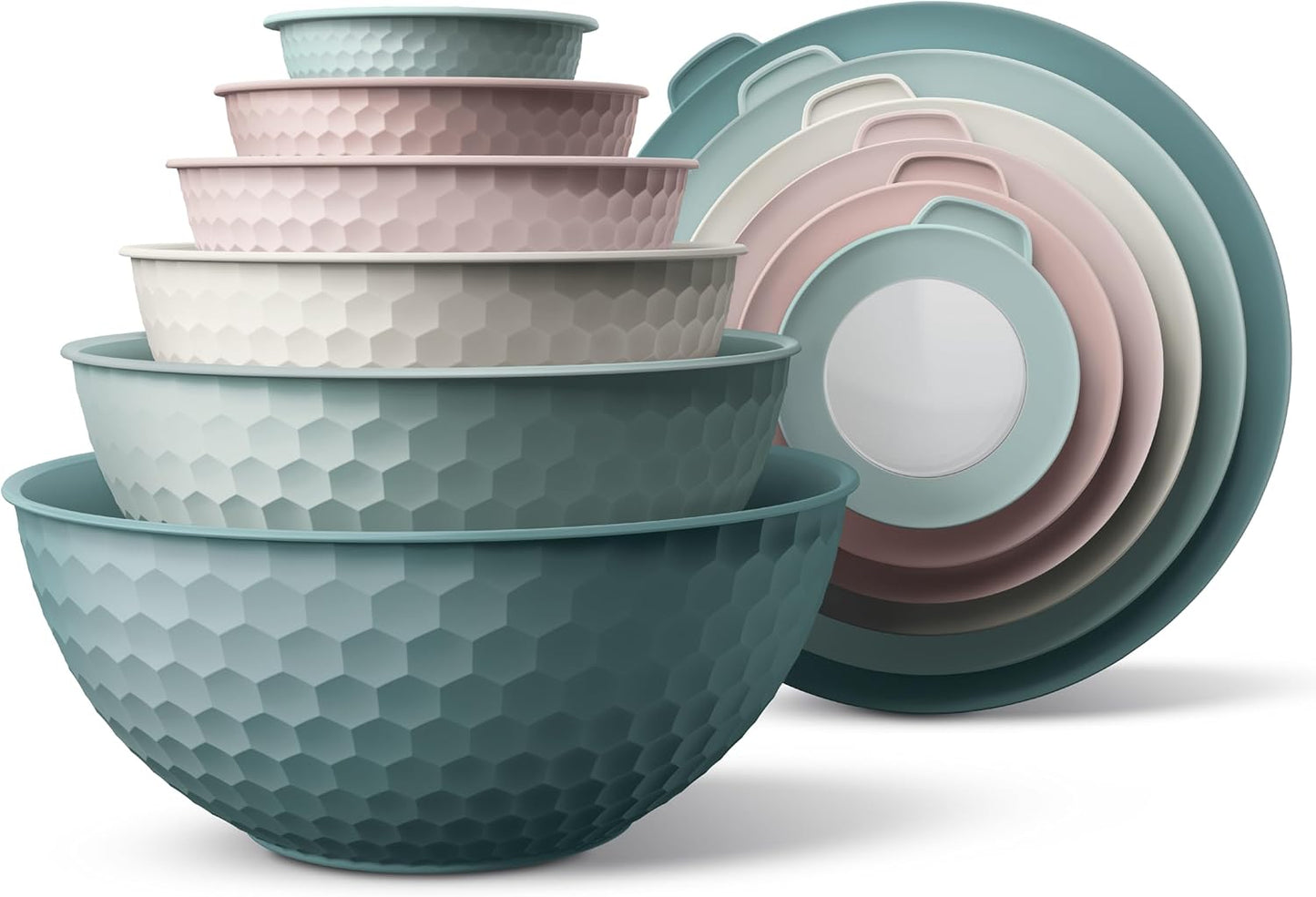 COOK WITH COLOR Mixing Bowls with Lids - 12 Piece Plastic Nesting Bowls Set includes 6 Prep Bowls and 6 Lids, Non Slip Bottom and Embossed Design - Microwave Safe (Teal)