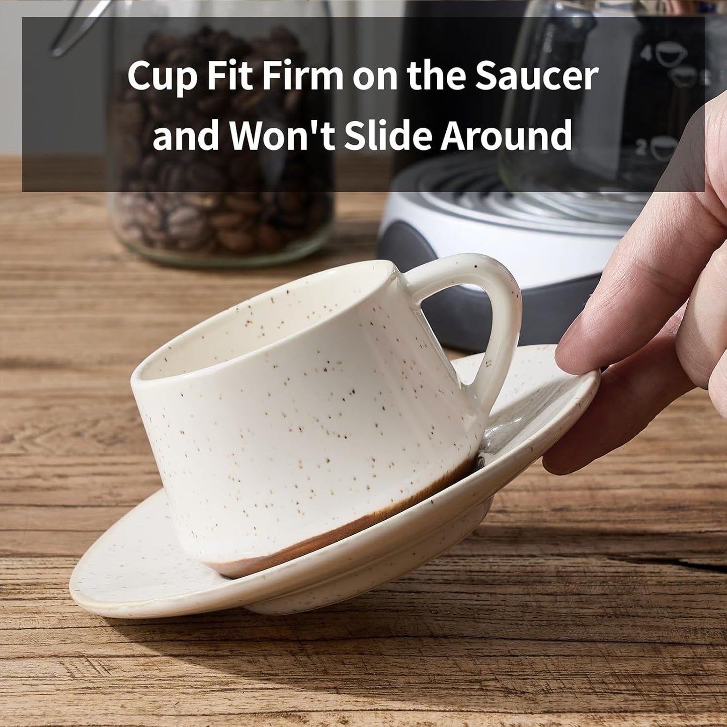 SIDUCAL Stackable Cappuccino Cup Set of 6 [4 oz] Ceramic Coffee Cups with Saucers and Cup Holder,Microwave/Dishwasher Safe,Espresso Demitasse Cups(White)