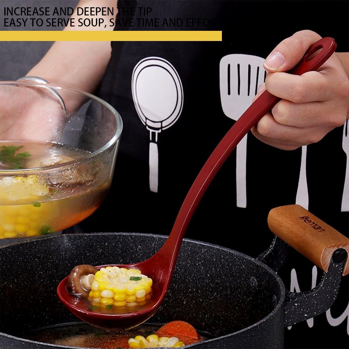 DOERDO 3Pcs Rice Paddle Spoon Non Stick Soup Spoon Hea-Resistant Cooking spoon for Rice Soup Potato, Red
