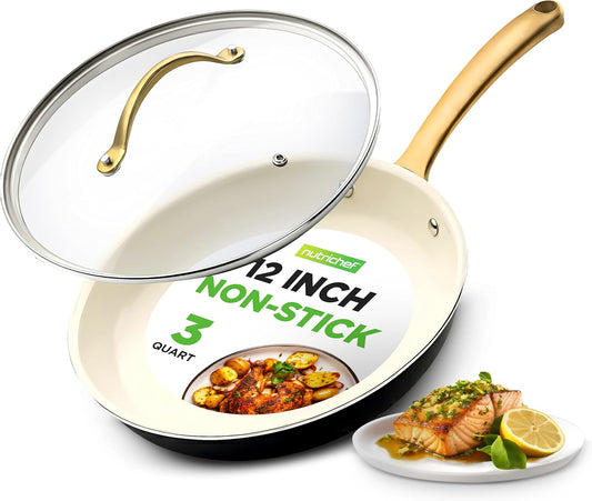 NutriChef 12-Inch Professional Ceramic Frying Pan With Lid - Large Skillet with Golden Titanium Handle, Non-Stick Ceramic Coating, Stain-Resistant, Easy to Clean, Ideal for Home Cooking