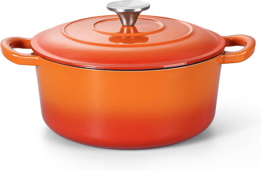Herogo Enameled Cast Iron Dutch Oven with Lid and Dual Handles, 3QT Heavy Duty Round Dutch Oven Pot for Bread Baking Stewing Roasting, Nonstick & Easy Cleanup, Safe for Various Stovetops - Orange