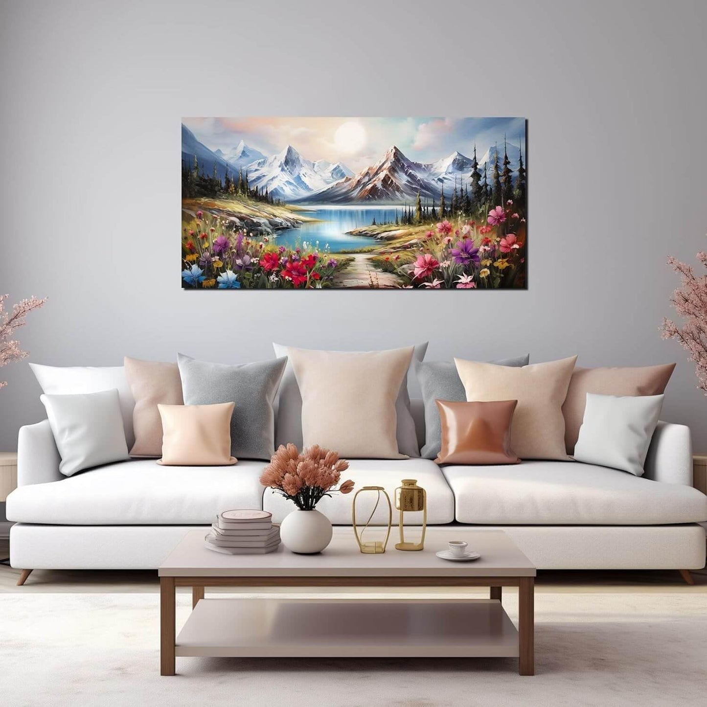 Large Canvas Wall Art for Living Room Farmhouse Decor Pictures Mountain River Landscape Wall Art Decor Prints Countryside Meadow Wildflower Artwork Canvas Painting Wall Decor for Bedroom 20x40 IN