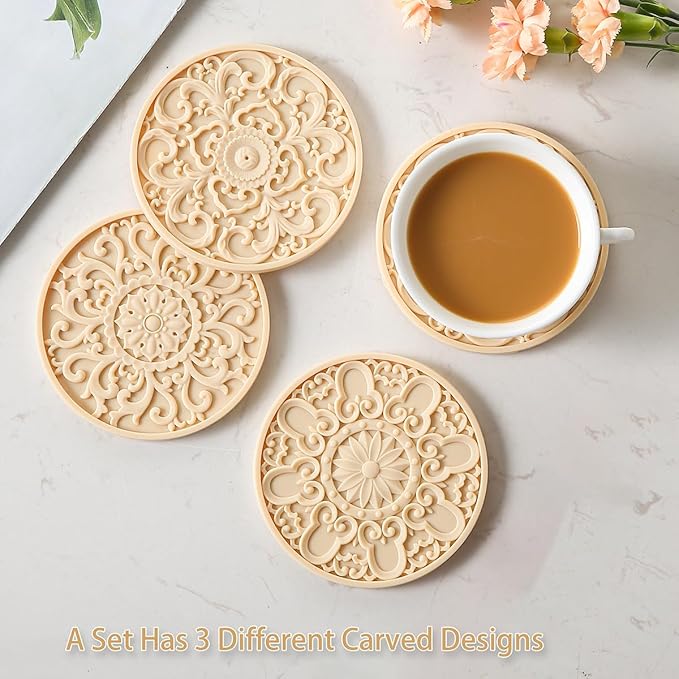 Colinda Silicone Coasters - Set of 6 with Holder, Non-Slip Cup Mats for Hot and Cold Drinks, Decorative Designs, Gift Ready Packaging,Beige