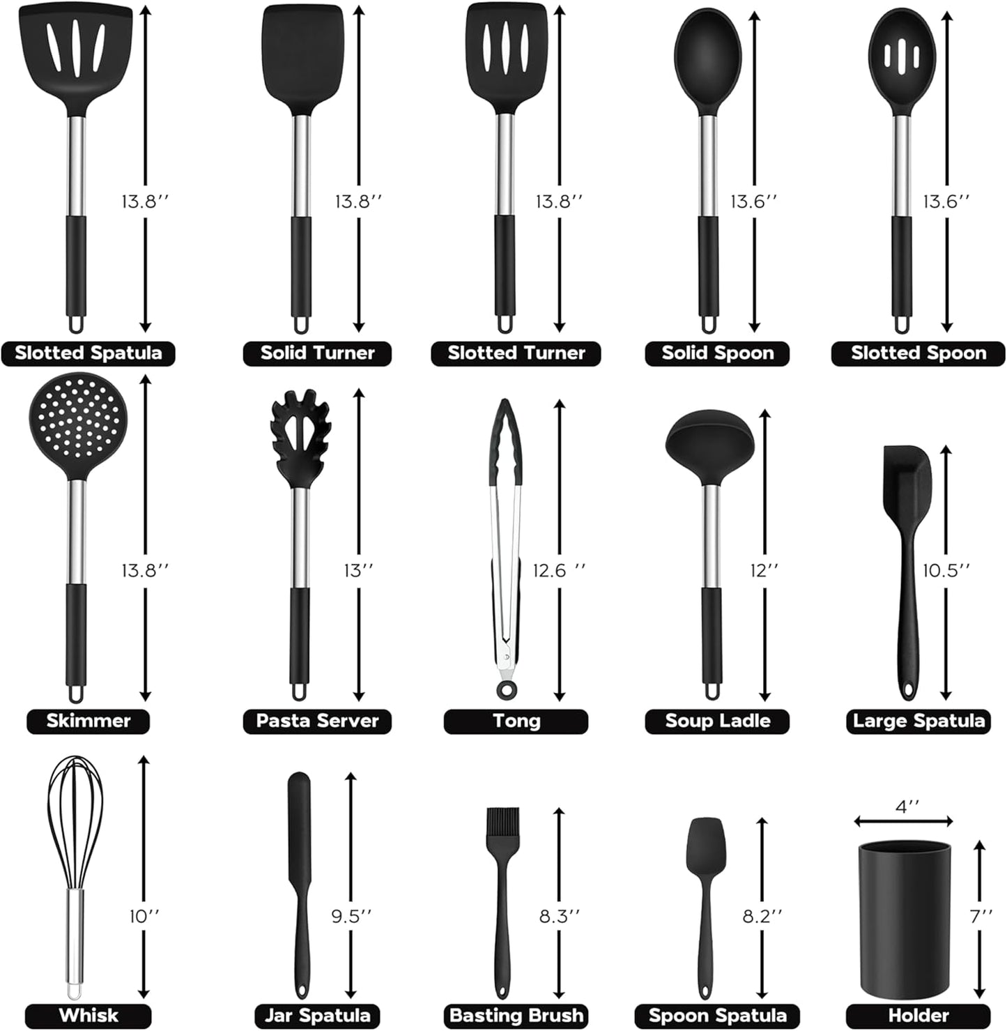 Onader Kitchen Utensils Set, 15 Pcs Silicone Cooking Utensils Set with Holder and Heat Resistant Stainless Steel Handle for Nonstick Cookware - Black
