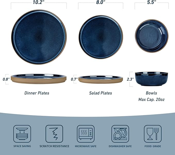 Famiware Nature Plates and Bowls Sets, 12 Pieces Stoneware Dinnerware Sets, Dishes Set for 4, Dishware Sets, Microwave and Dishwasher Safe, Midnight Blue