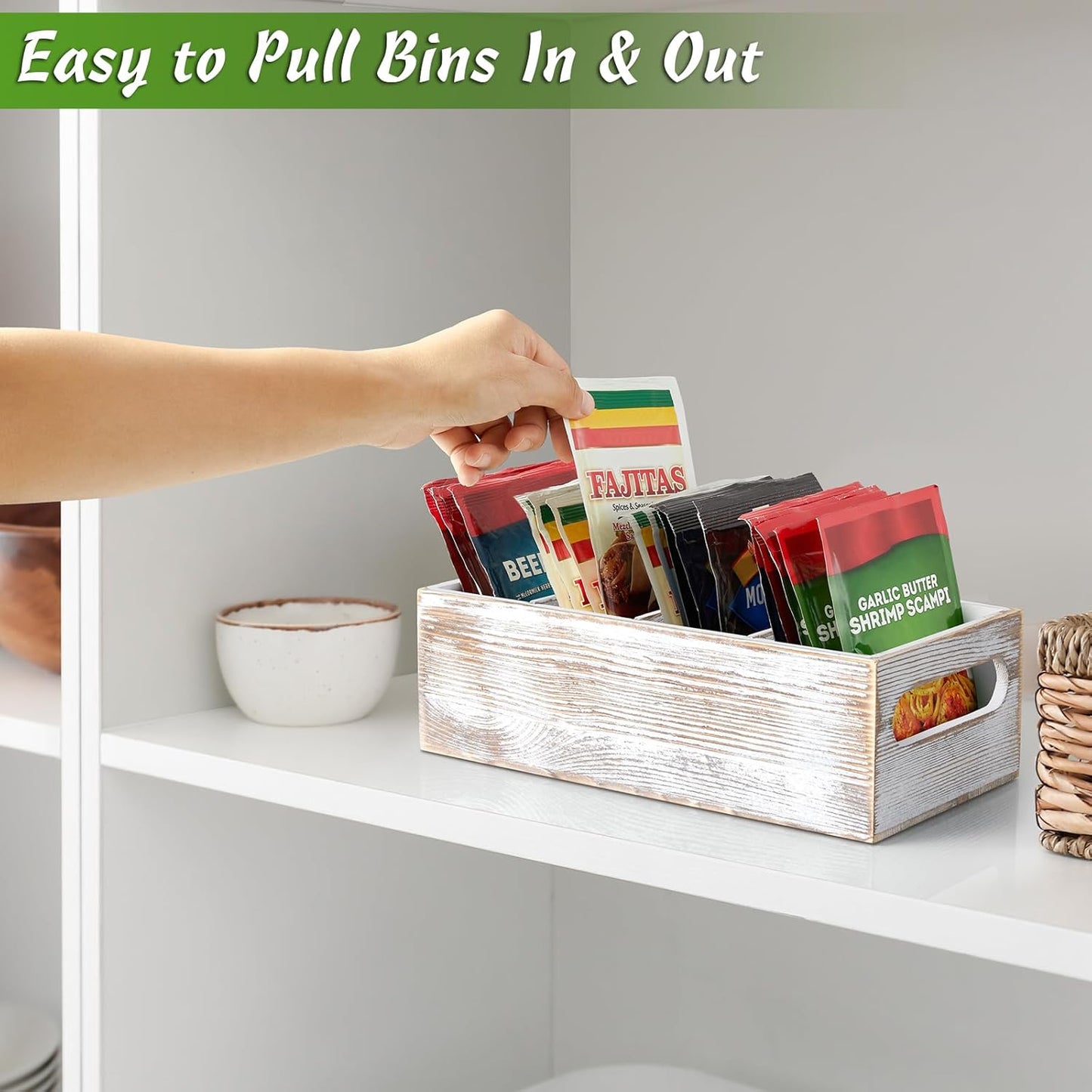 DRASTAR Pantry Organization and Storage Bins, Wooden Seasoning Packet Organizer with Removable Dividers, Retro White Storage Caddy for Kitchen, Pantry, Cabinet, Countertop