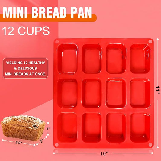 Walfos Silicone Mini Loaf pan, 12 Cavities Mini Bread Pan Brownie Pan, Food Grade & Non-stick, Ideal For Mini Bread, Brownie, Cornbread, Cheesecake & Chocolate