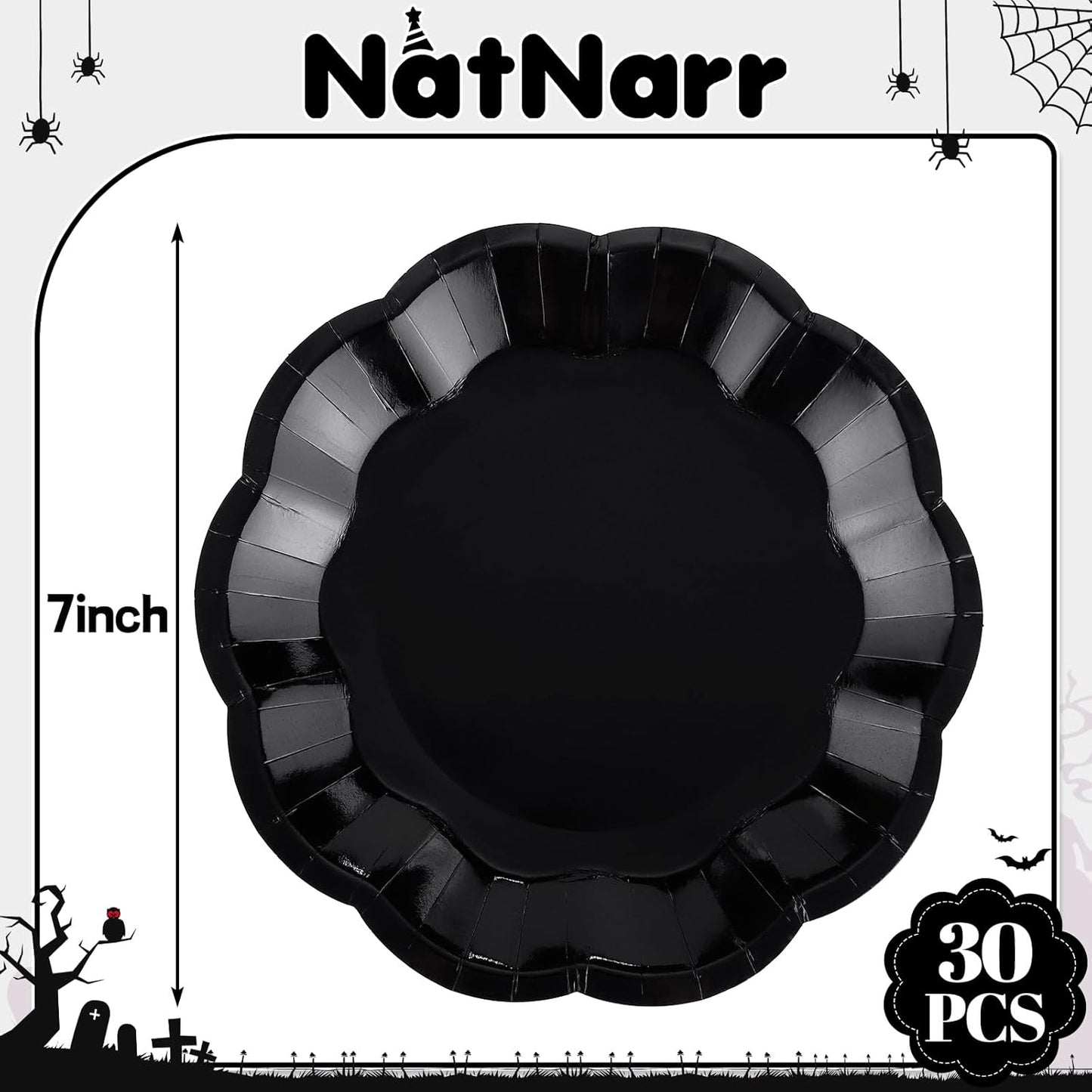 30pcs Black Halloween Paper Plates, 7 in Scalloped Halloween Party Plates Black Dessert Cake Plate Disposable Paper Plate for Wedding, Birthday, Holiday Party