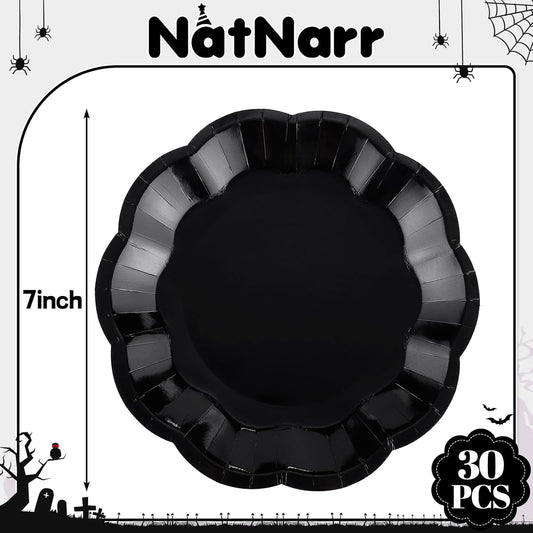30pcs Black Halloween Paper Plates, 7 in Scalloped Halloween Party Plates Black Dessert Cake Plate Disposable Paper Plate for Wedding, Birthday, Holiday Party