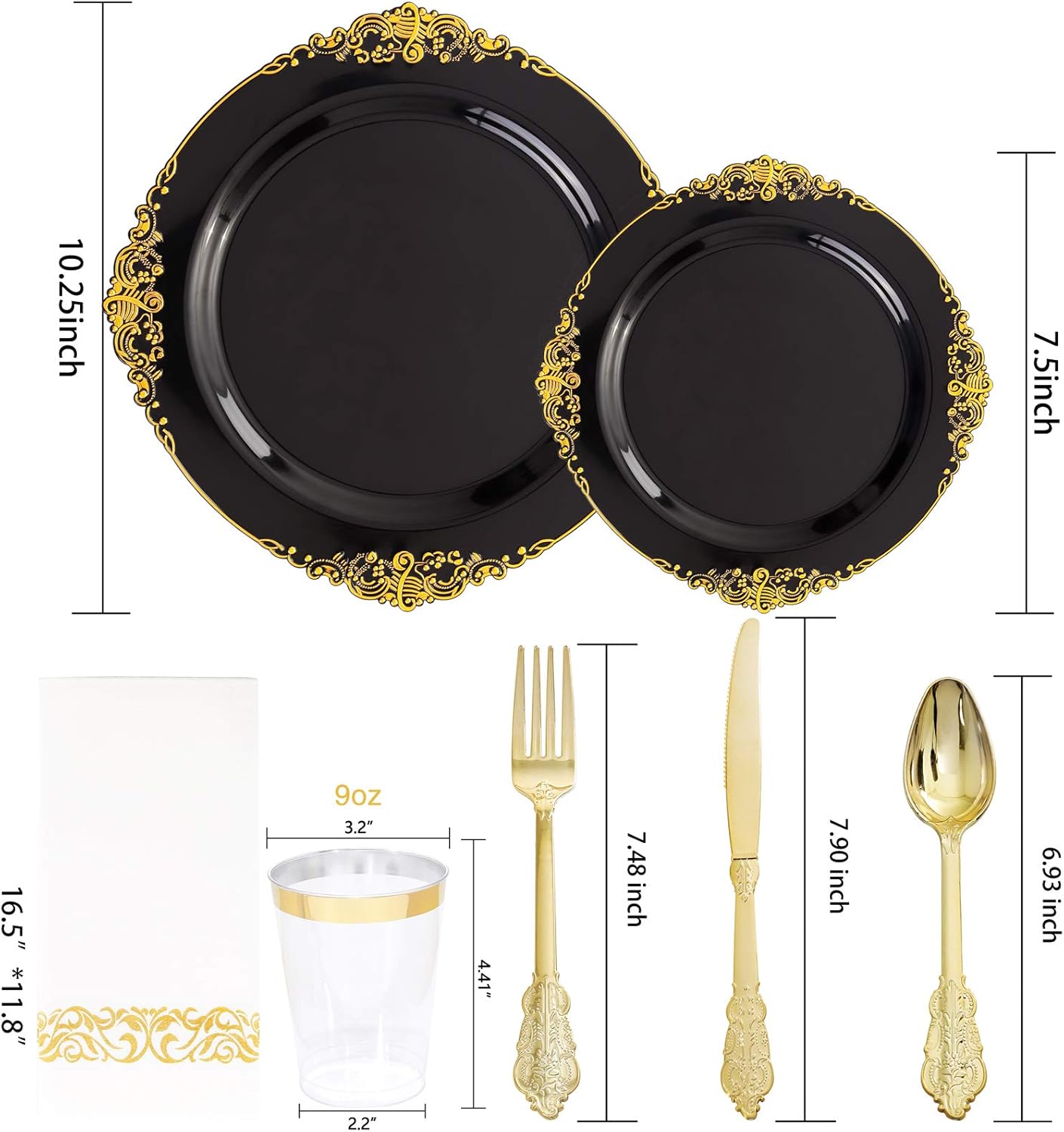 Hioasis 175pcs Black and Gold Plastic Plates - Elegant Disposable Dinnerware Set Suitable for 25 Guests Include 10.25" Dinner & 7.5" Dessert Plates, Cutlery, Napkins, Cups for Party & Halloween