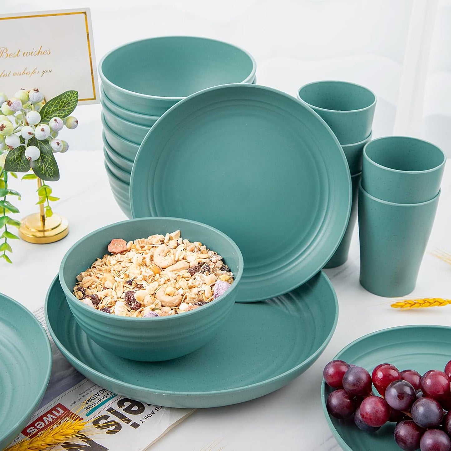 Supernal 32pcs Wheat Straw Dinnerware Sets,Dinnerware Sets for 8,Unbreakable Dinnerware,Reusable Tableware,Dark Green Set 16pcs Plates, 8pcs Bowls, 8pcs Cups,Microwave Dishwasher Safe