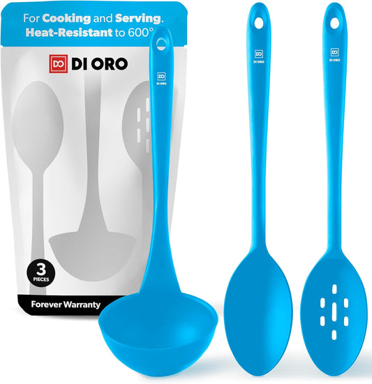 DI ORO Silicone Ladle & Spoons for Cooking – Large Kitchen Spoons for Mixing, Serving, & Stirring - Soup Ladle with Wide Bowl - High Heat Silicone Kitchen Utensils for Nonstick Cookware Safe (Blue)
