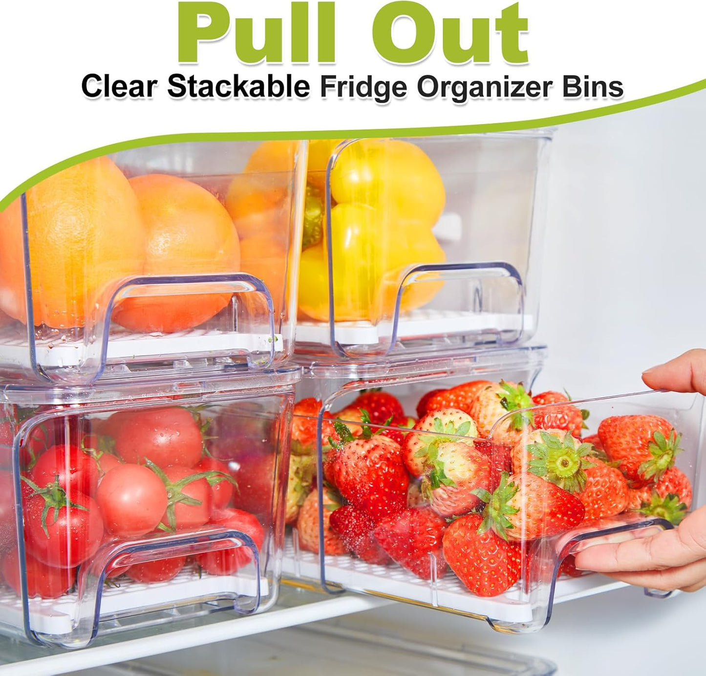 Pull Out Fridge Organizer Drawer, Stackable Refrigerator Storage Bins with Drain Tray and Lid, Clear Fruit and Vegetable Storage Containers Box, for Kitchen Freezer, 2-Pack