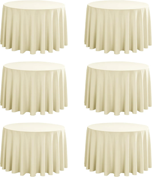 6-Pack Round 108-inch Beige Table Cloths, Solid Stain and Wrinkle Resistant Circular Tablecloth, Premium Plain Weave Polyester Fabric Table Linen Covers for Hotel, Banquet