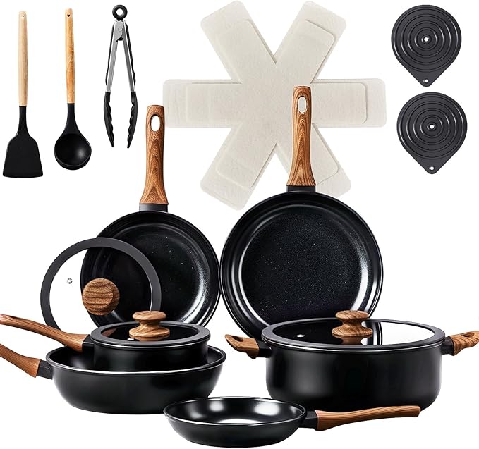 Bonnlo 20 PCS Non-Stick Cookware Set, Aluminum Pots and Pans Set, Induction RV Kitchen Cook Set, Microwave Safe, PFAS PFOA & PFOS Free, for Gift. Home, House Warming
