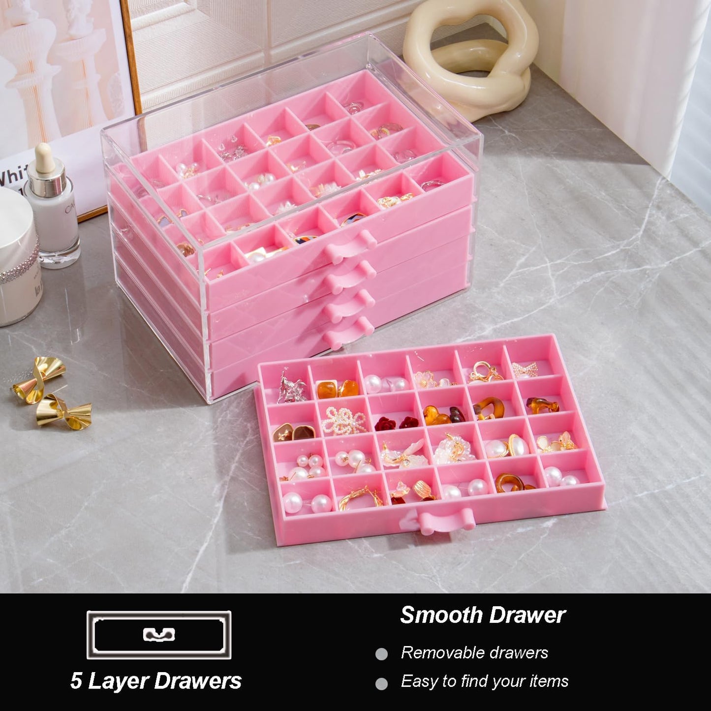 Earring Storage Box Organizer, Acrylic Jewelry Storage Box Holder 5 Drawers Transparent Jewelry Display Stand with 120 Small Compartments Gift Boxes for Women Girls (Pink)
