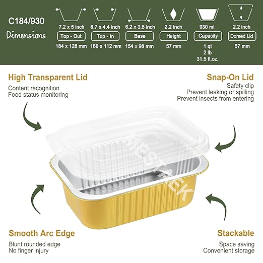 7"x5" Sturdy Foil Pans with Snap-On Lids (5 Pack) | 2X Thicker Heavy Duty Reusable 31oz | Grill Oven Microwavable Multi-Use Pot | Disposable Aluminum Tin for Baking Cooking