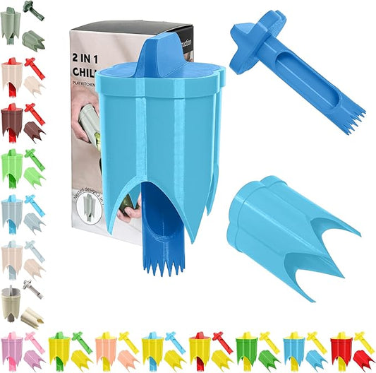 Pepper Corer, 2 in 1 Red Bell Pepper Seed Corer Remover Tool, Fruit & Vegetable Corers Quick Cave Tools for Jalapeno Cutter Deseeder, S-Blue