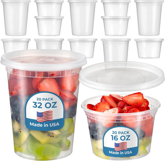 Fit Meal Prep 40 Pack 16 32 oz Deli Containers with Lids Variety Pack, US Made Leakproof Assorted Plastic Soup Containers, Combo Clear Food Storage Containers with Lids, Microwave Freezer Safe