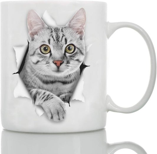 Winston & Bear Cute Grey Kitty Cat Coffee Mug - Ceramic Funny Coffee Mug Gift for Gray Tabby Cat Lovers - Cute Novelty Coffee Mug Present - Great Birthday or Christmas Cup for Men and Women (15oz)