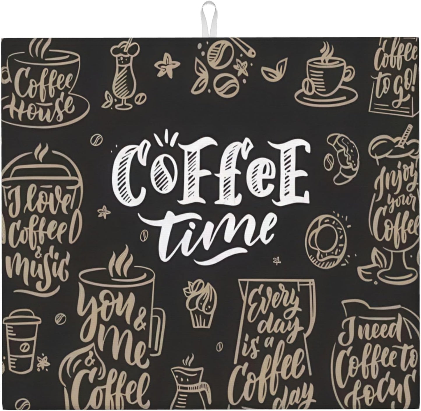 Coffee Time Dish Drying Mat 16x18 Inch, Microfiber Absorbent Fast Dry Mat Large Dish Mat Drying Kitchen Mat, Kitchen Drying Pad for Kitchen Counter Coffee Bar Decor Gifts