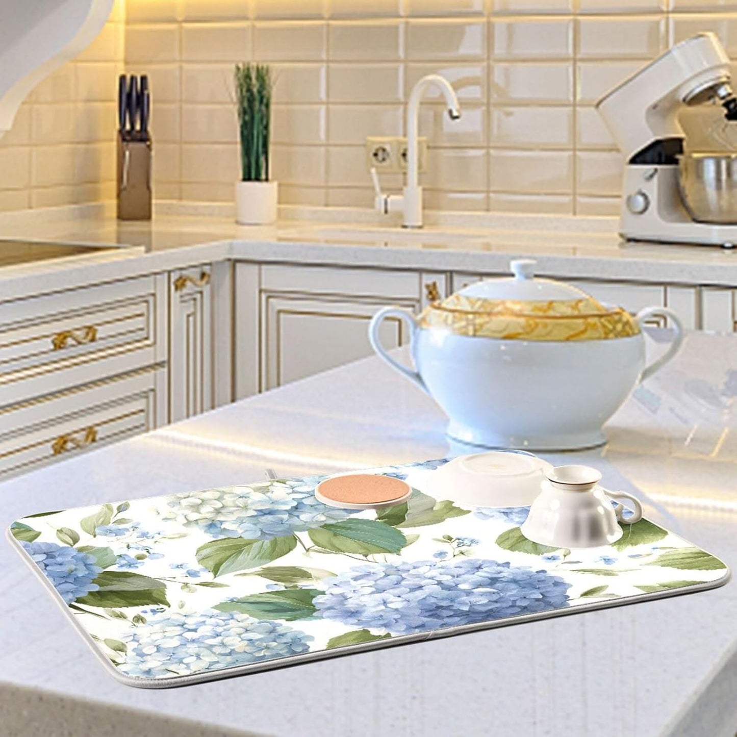 Watercolor Hydrangeas Dish Drying Mat Super Absorbent Drying Mat 18x24 inch Large Dish Drying Mats for Kitchen Counter Dish Drying Pads Kitchen Drying Matt for Countertop