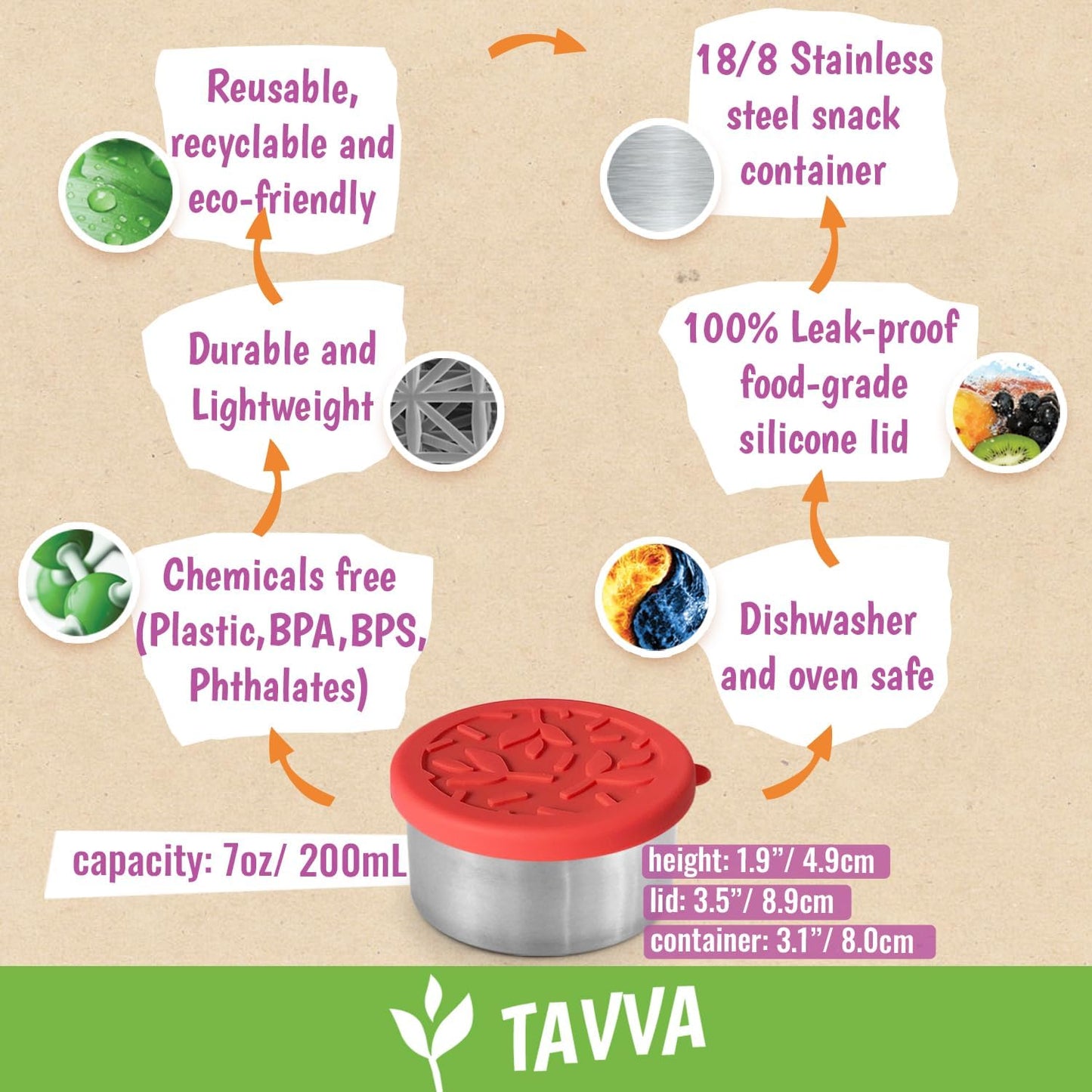 TAVVA 4 X 7 oz Stainless Steel Containers with Lids - Leakproof w/Silicone Lids - BPA Free - Dishwasher & Freezer Safe - Portable & Reusable - Stainless Steel Storage Food Snack Containers
