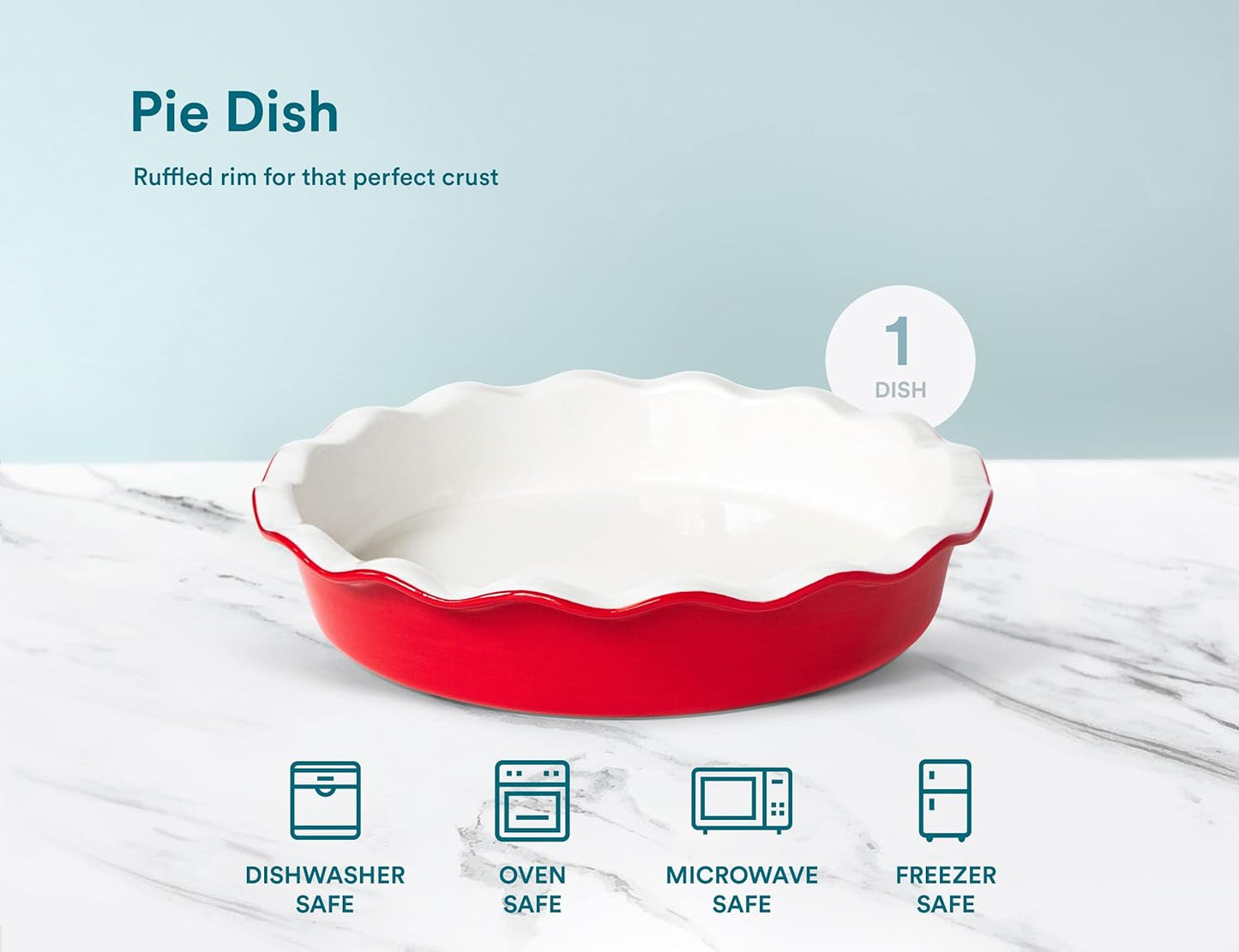 KooK Deep Dish Pie, Pecan Dessert Dish, Porcelain, Ceramic, Deep Dish Plate 10 Inch, Apple Pie, Ruffled Wave Edge, Reusable Round Pan, Oven and Dishwasher Safe, 44 Oz, (Cherry)