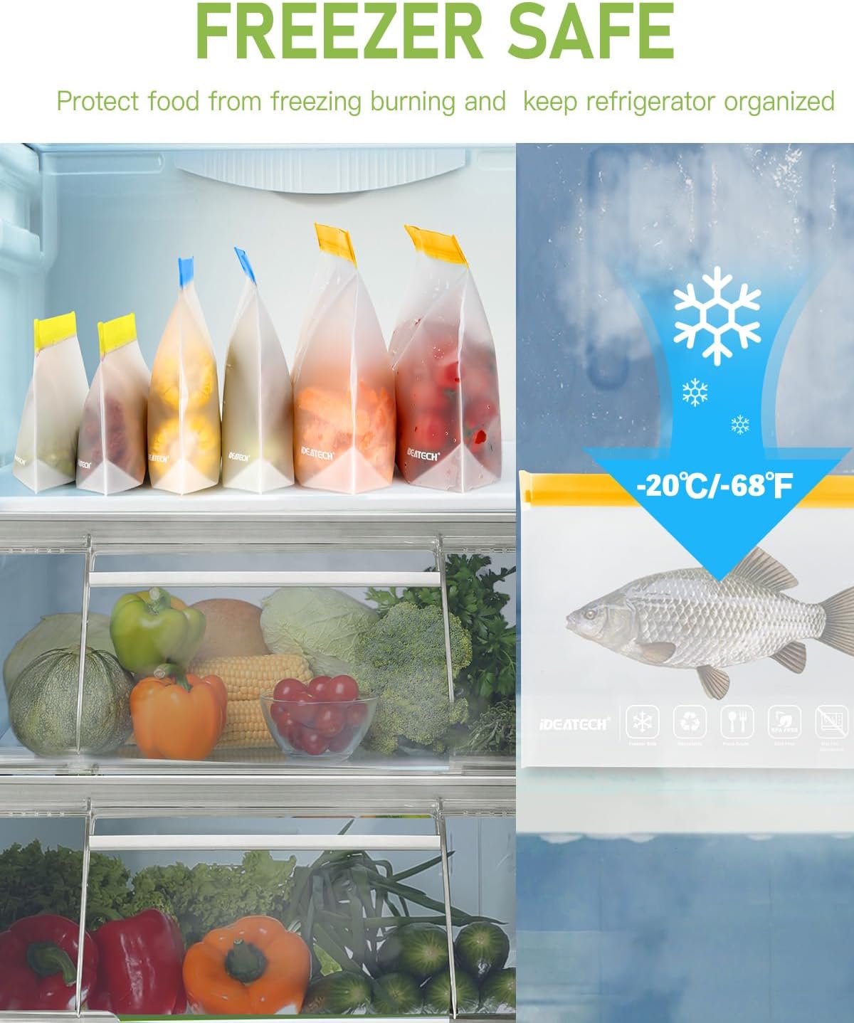 IDEATECH Quart Freezer Bags, BPA Free PEVA Reusable Sandwich Snack Bags, Quart Size Food Baggies Containers for Travel, Lunch, Healthy Food (Grey, 10Pack-10Quart)