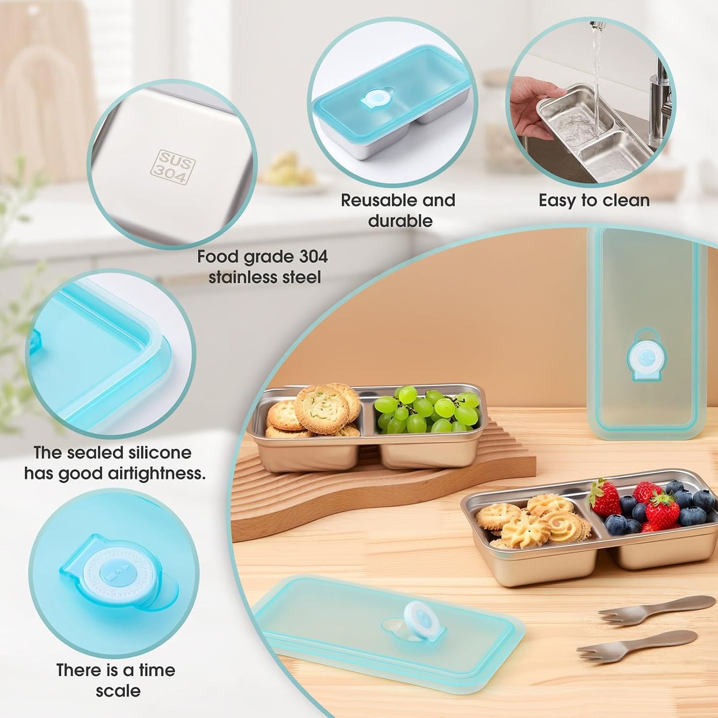 Stainless Steel Snack Containers,Reusable 2 Compartment Stainless Snack Containers with Lids,Stainless Steel Food Storage Containers,Metal Snack Lunch Meal Prep Containers,Bento Box 1 Pack