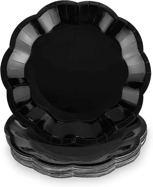 30pcs Black Halloween Paper Plates, 7 in Scalloped Halloween Party Plates Black Dessert Cake Plate Disposable Paper Plate for Wedding, Birthday, Holiday Party