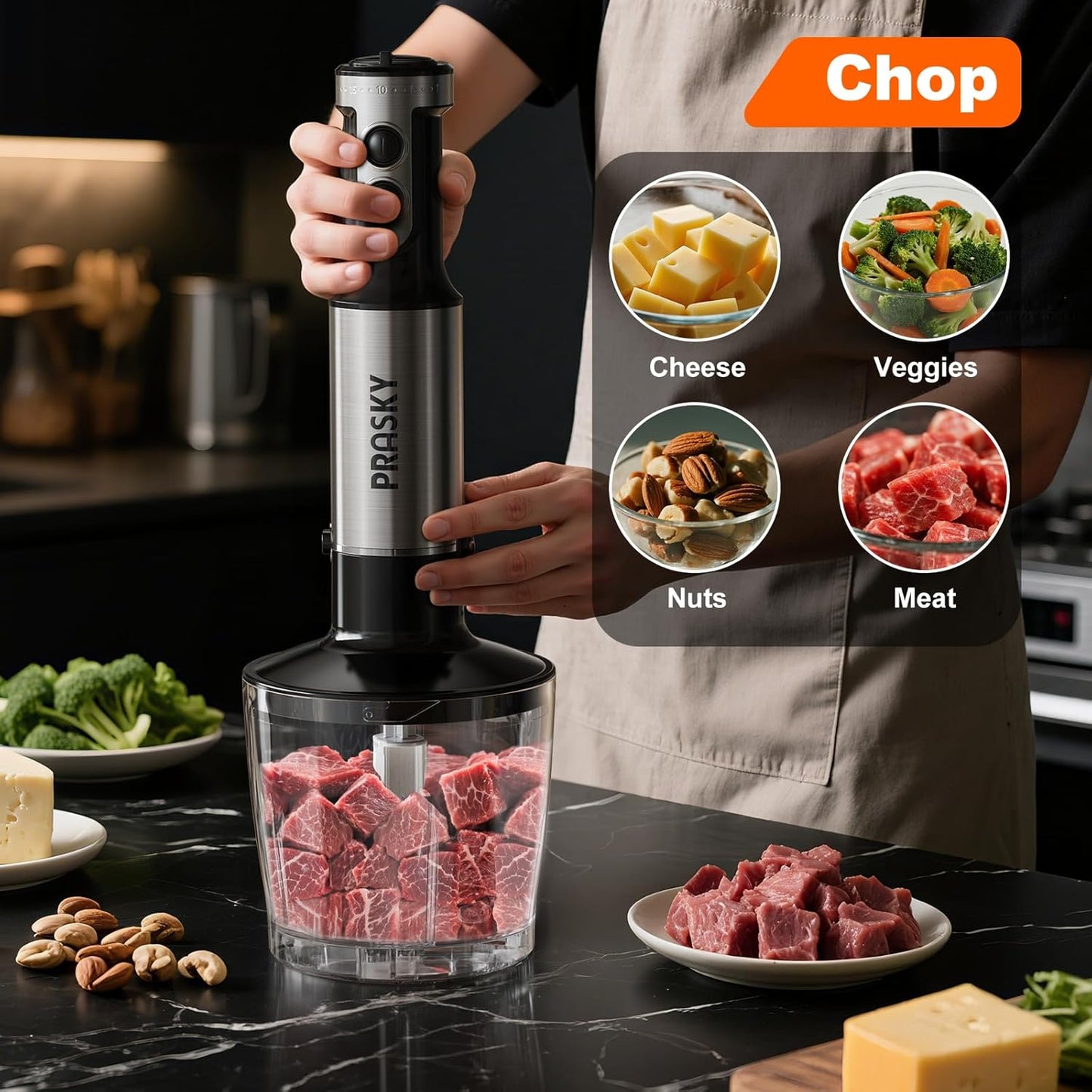 Immersion Blender, PRASKY 1200W 20 Speeds Electric Handheld Portable Stick Mixer, 5-in-1 Hand Blender Stainless Steel with Turbo Mode,Chopper, Whisk, Milk Frother for Soup, Smoothies,Puree, Baby Food