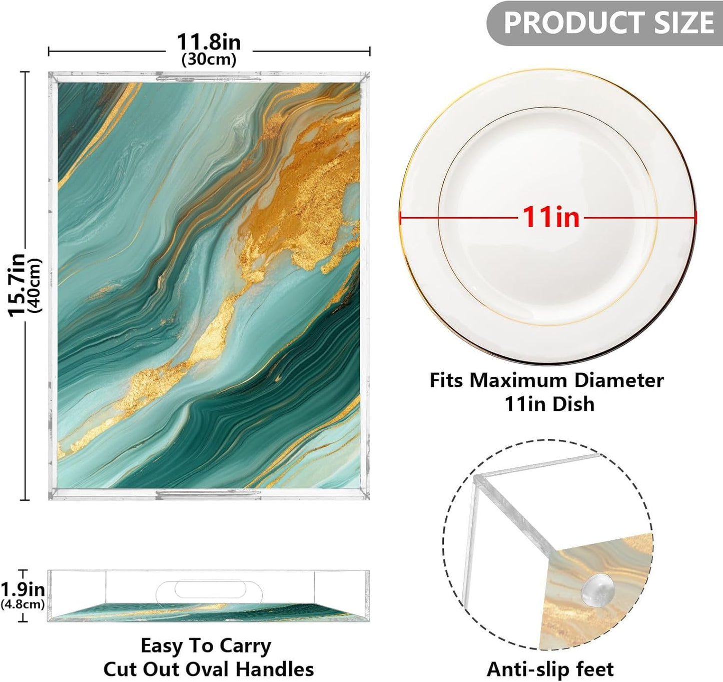 Acrylic Serving Tray with Handles Spill Proof Kitchen Storage Tray Clear Decorative Tray Makeup Drawer Organizer Storage Tray for Bathroom Living Room Ottoman 15.7x11.8Inches