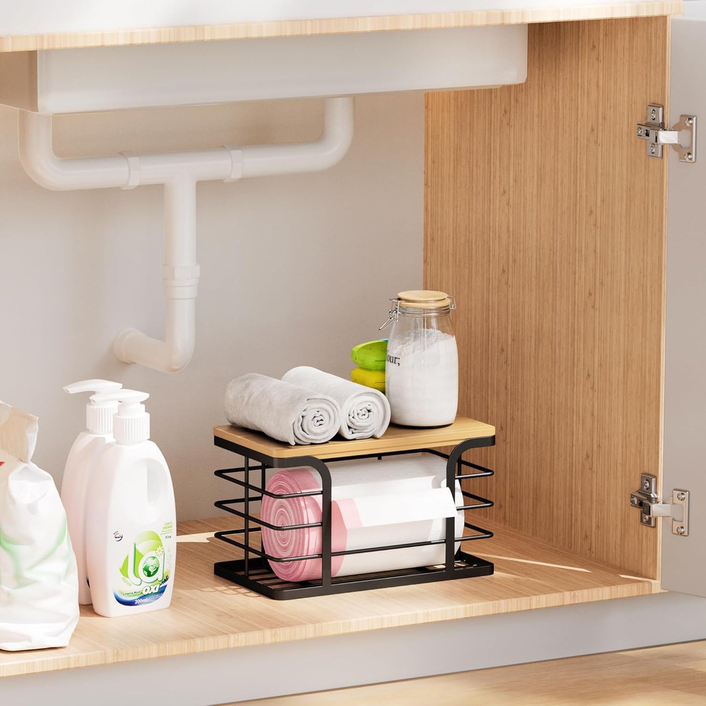 Small Trash Bag Holder,Wall Mount Grocery Bag Holder with Bamboo Top,Suitable for Garbage Bags of 100 Rolls under 13 Gallons,Black