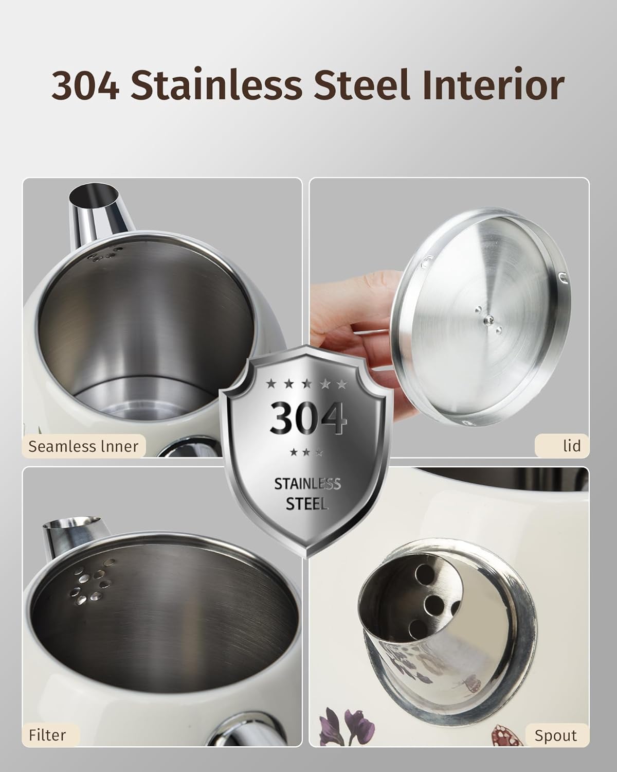 Retro Electric Kettle 1.8L/60.8oz with Thermometer - 1200W Fast Boiling Stainless Steel Tea Kettle with Water Level, BPA-Free, Auto Shut-Off, Boil-Dry Protection, Vintage Floral Design