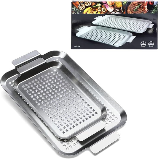 Grill Pan Set of 2, BBQ Grill Topper for Outdoor Grill, Stainless Steel Grilling Baskets with Holes and Handles, Perforated Food Tray Barbecue Accessories for Vegetable, Fish, Large