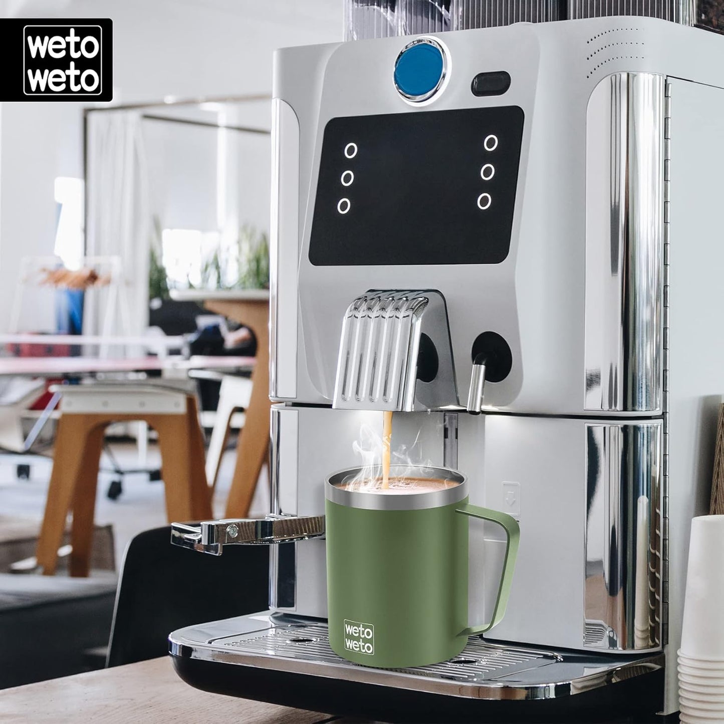 WETOWETO 14 oz Coffee Mug, Vacuum Insulated Camping Mug with Lid, Double Wall Stainless Steel Travel Tumbler Cup, Coffee Mugs Outdoor, Navy Blue & Olive Green 2 Packs