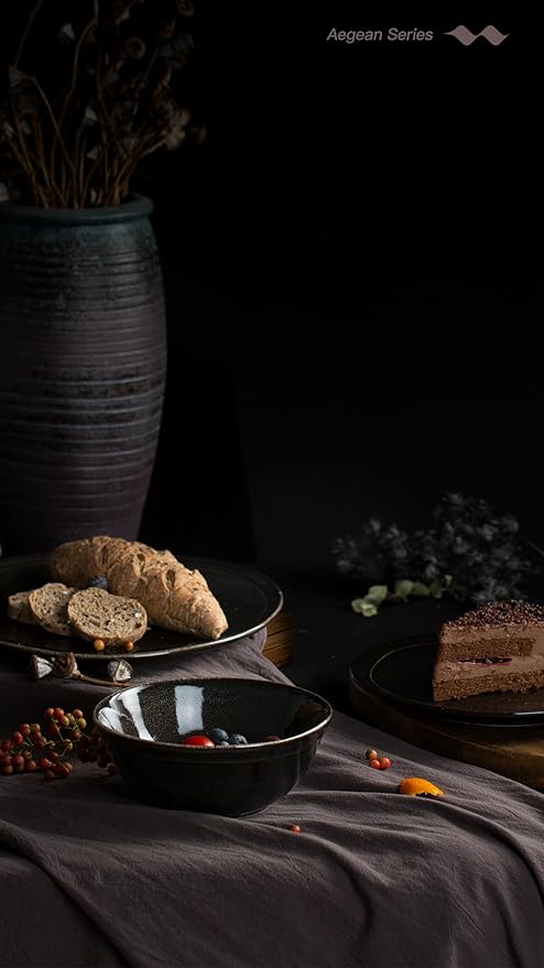 Famiware Aegean Dinnerware Set for 4, 12-Piece Plates and Bowls Sets, Stoneware Scratch Resistant Dinner Set, Handmade Irregular Round Dishes, Microwave and Dishwasher Safe, Black Coffee