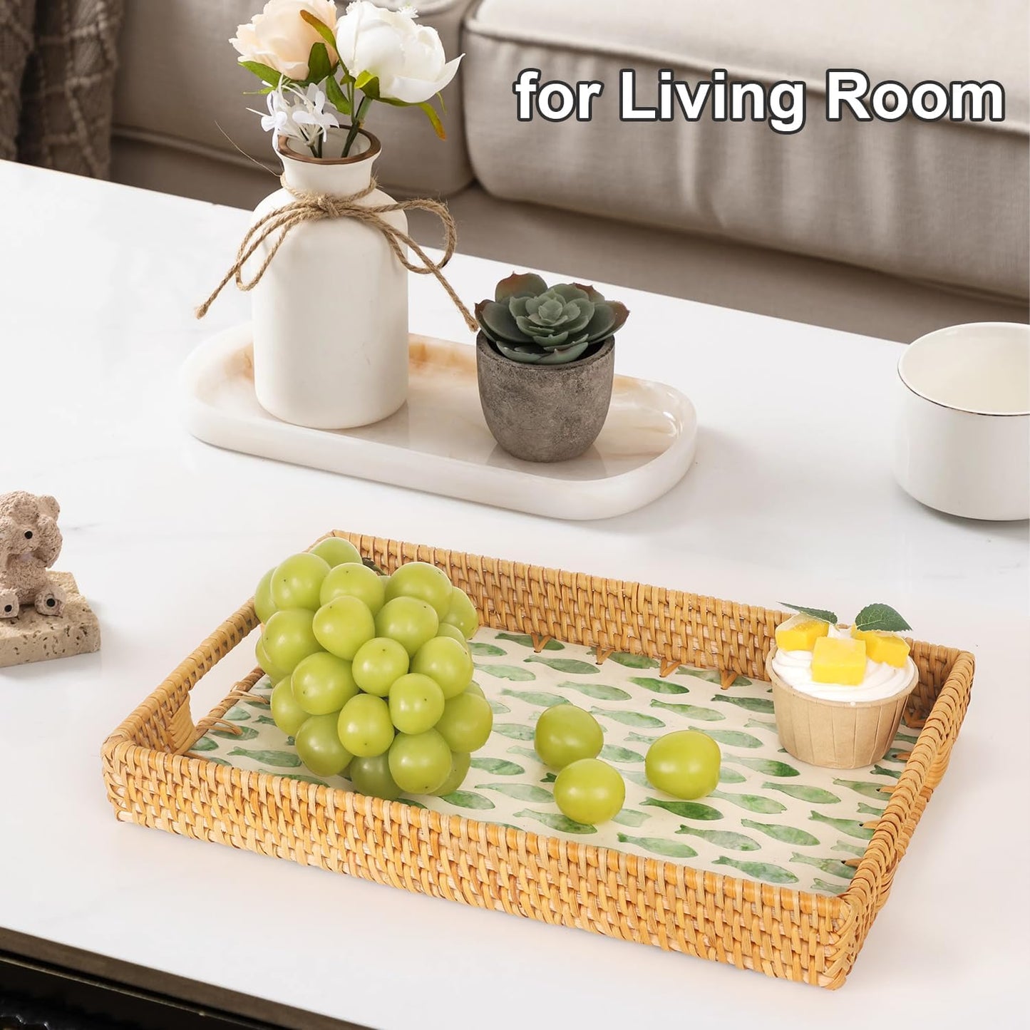 Rectangle Rattan Tray with Mother of Pearl Inlay, Rattan Serving Tray with Handle for Coffee, Bread, Fruits, Snacks, Decorative Wicker Tray for Table Decor (Rectangle Green Fish, 13"×9")