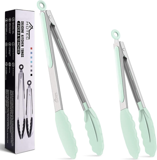 Hotec Premium Stainless Steel Locking Kitchen Tongs with Silicon Tips, Set of 2-9" and 12" Light Green