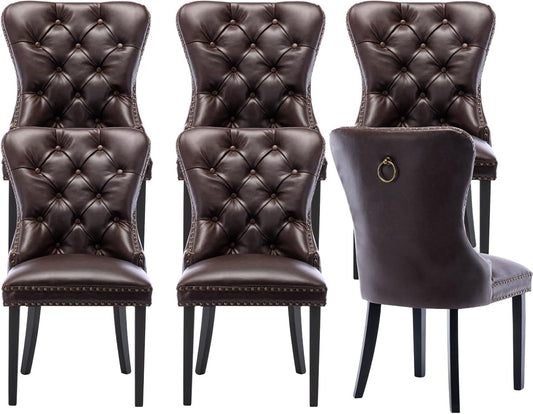 PU Leather Dining Chairs Set of 6 Mid Century Modern Tufted Chairs Armless Rubber Wood Vintage Chairs Upholstered Nailhead Side Chair for Kitchen/Cafe Decor Furniture, Coffee with Pull Ring