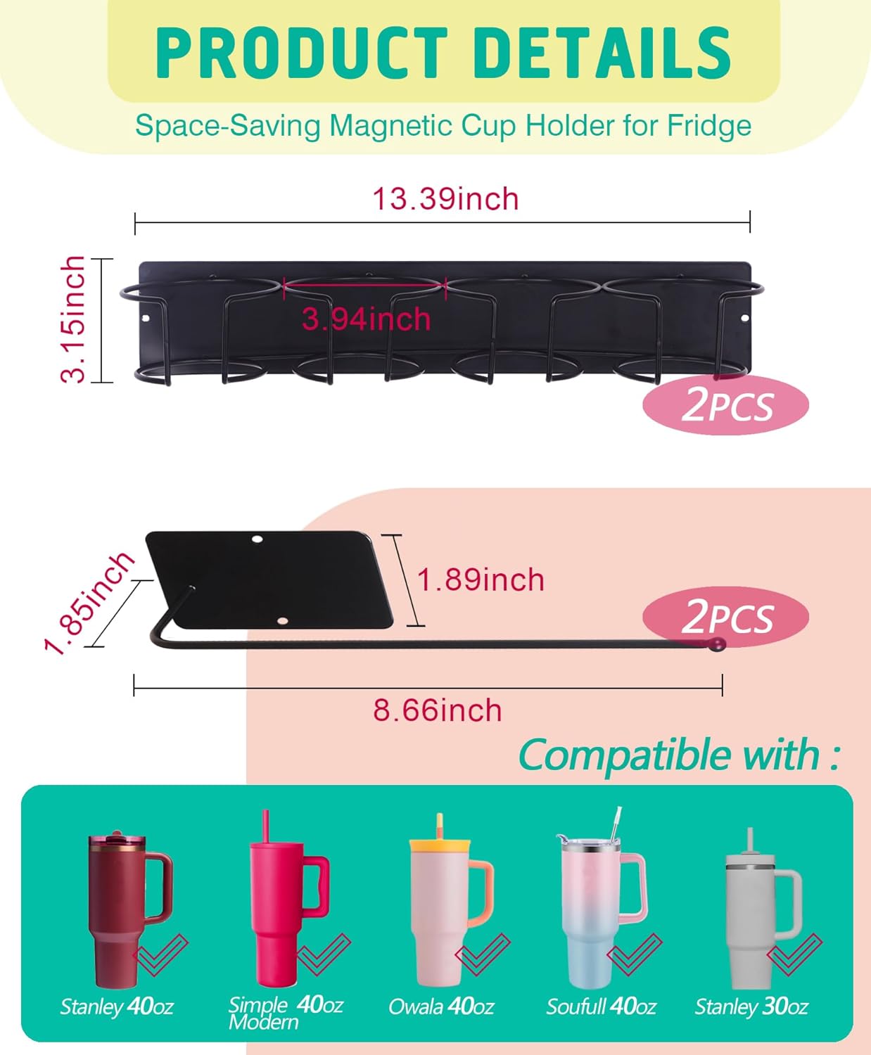 Magnetic Tumbler Holder for Stanley, Magnetic Cup Organizer for Refrigerator, Compatible with Stanley 30oz & 40oz Tumblers, Water Bottle Magnetic Rack (Black, 8 Tumblers& 2 Lid Holder)