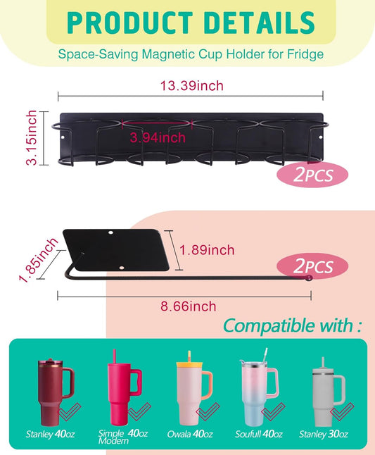 Magnetic Tumbler Holder for Stanley, Magnetic Cup Organizer for Refrigerator, Compatible with Stanley 30oz & 40oz Tumblers, Water Bottle Magnetic Rack (Black, 8 Tumblers& 2 Lid Holder)