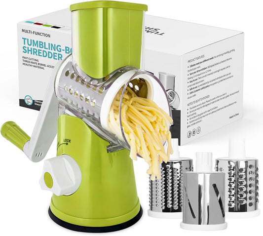 X Home Rotary Cheese Grater for Kitchen, Shredder with 3 Interchangeable Blades, Rotary Grater with Handle and Strong Suction Base, for Vegetables, Fruit, Nuts, Easy to Use and Clean, Green