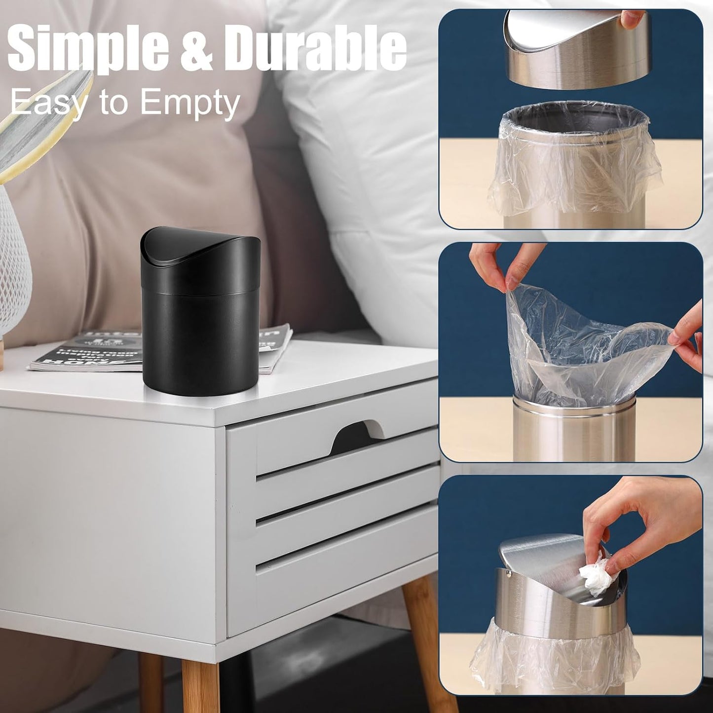 2 Pcs Desk Trash Can with Swing Lids, 12 Rolls of Trash Bags, 2L Brushed Stainless Steel Countertop Garbage Bin Small Wastebasket with Lid for Office Desk, Coffee Table (Black)