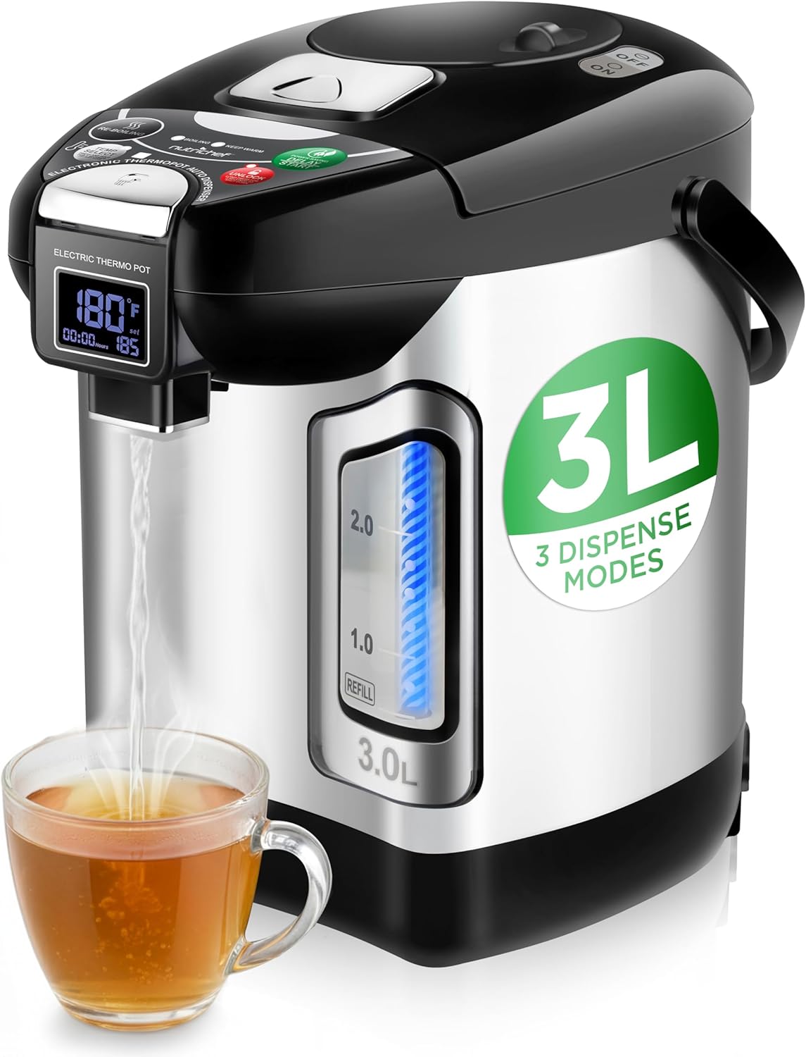 NutriChef Digital Water Boiler and Warmer - 3L/3.17 Qt Stainless Electric Hot Water Dispenser w/ LCD Display, Rotating Base, Keep Warm, Auto Shut Off, Safety Lock, Instant Heating for Coffee & Tea